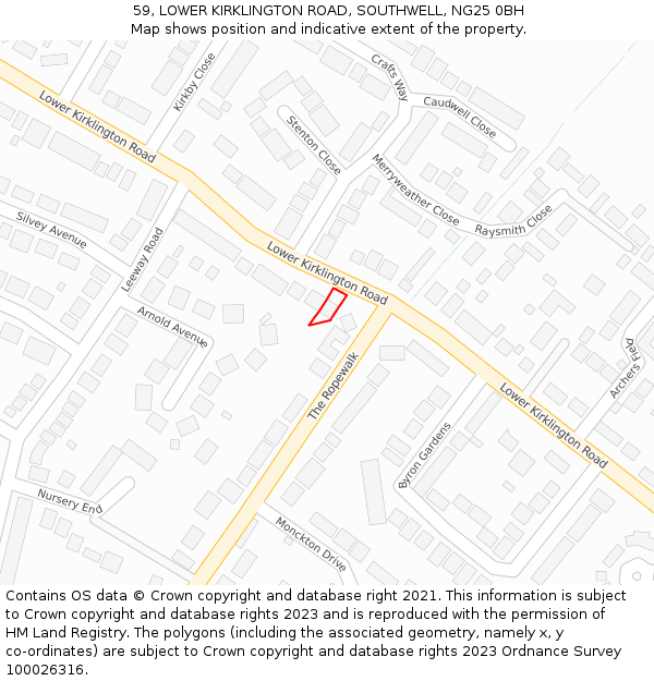 59, LOWER KIRKLINGTON ROAD, SOUTHWELL, NG25 0BH: Location map and indicative extent of plot