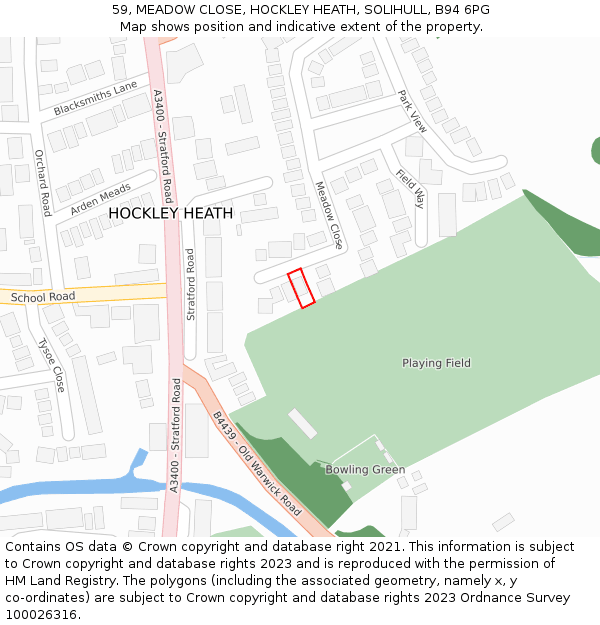 59, MEADOW CLOSE, HOCKLEY HEATH, SOLIHULL, B94 6PG: Location map and indicative extent of plot