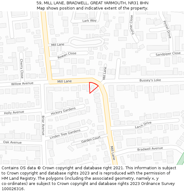 59, MILL LANE, BRADWELL, GREAT YARMOUTH, NR31 8HN: Location map and indicative extent of plot