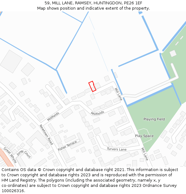 59, MILL LANE, RAMSEY, HUNTINGDON, PE26 1EF: Location map and indicative extent of plot