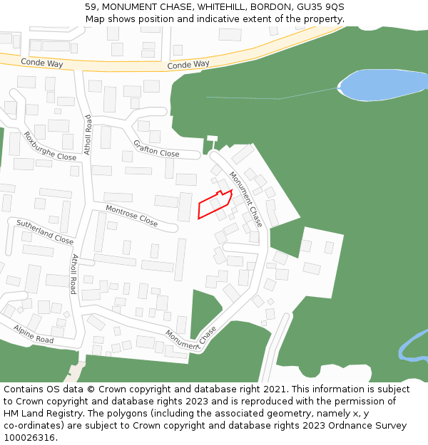 59, MONUMENT CHASE, WHITEHILL, BORDON, GU35 9QS: Location map and indicative extent of plot