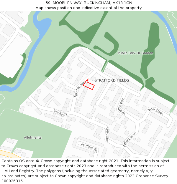 59, MOORHEN WAY, BUCKINGHAM, MK18 1GN: Location map and indicative extent of plot