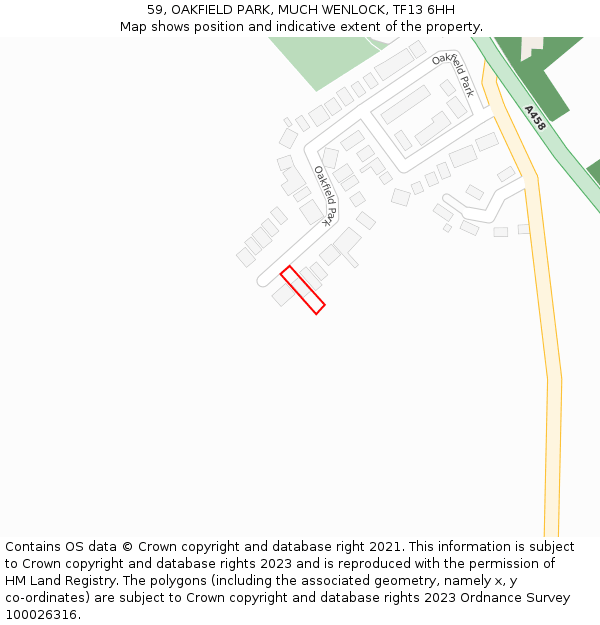 59, OAKFIELD PARK, MUCH WENLOCK, TF13 6HH: Location map and indicative extent of plot