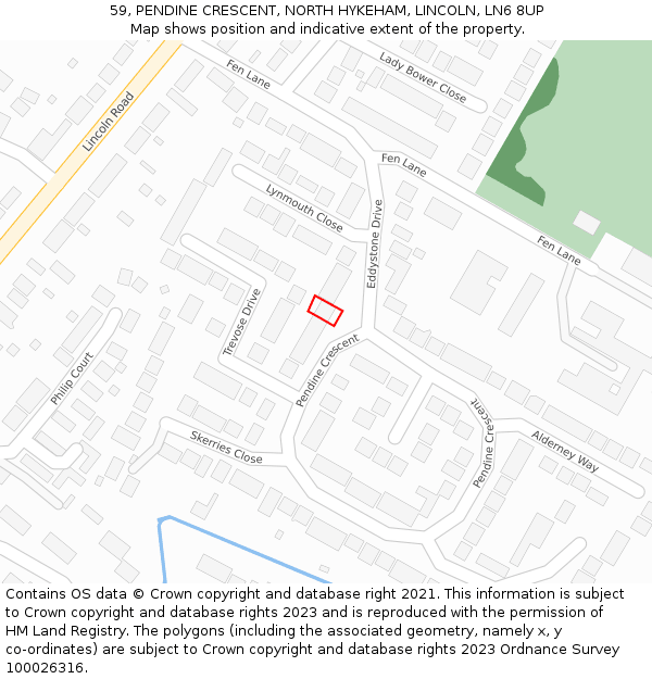 59, PENDINE CRESCENT, NORTH HYKEHAM, LINCOLN, LN6 8UP: Location map and indicative extent of plot