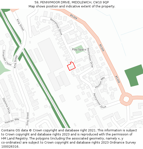 59, PENNYMOOR DRIVE, MIDDLEWICH, CW10 9QP: Location map and indicative extent of plot