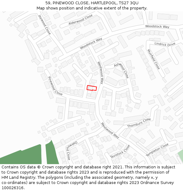 59, PINEWOOD CLOSE, HARTLEPOOL, TS27 3QU: Location map and indicative extent of plot