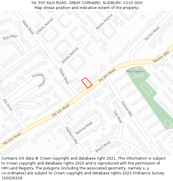 59, POT KILN ROAD, GREAT CORNARD, SUDBURY, CO10 0DH: Location map and indicative extent of plot