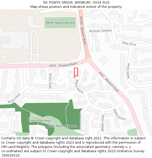 59, POWYS GROVE, BANBURY, OX16 0UG: Location map and indicative extent of plot