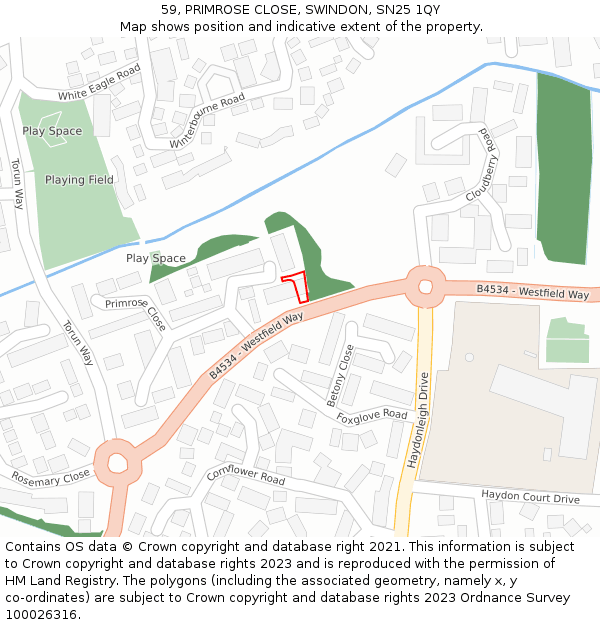 59, PRIMROSE CLOSE, SWINDON, SN25 1QY: Location map and indicative extent of plot