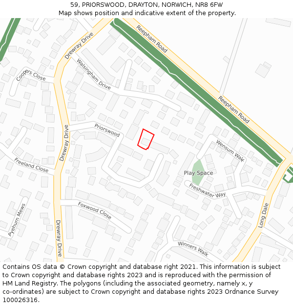 59, PRIORSWOOD, DRAYTON, NORWICH, NR8 6FW: Location map and indicative extent of plot