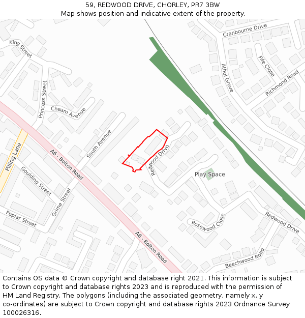 59, REDWOOD DRIVE, CHORLEY, PR7 3BW: Location map and indicative extent of plot