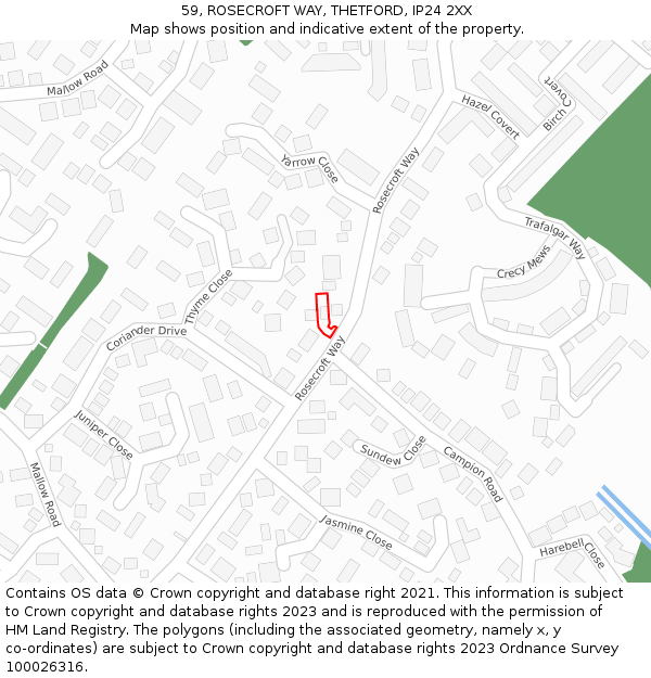 59, ROSECROFT WAY, THETFORD, IP24 2XX: Location map and indicative extent of plot