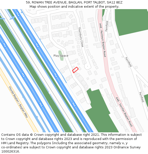 59, ROWAN TREE AVENUE, BAGLAN, PORT TALBOT, SA12 8EZ: Location map and indicative extent of plot