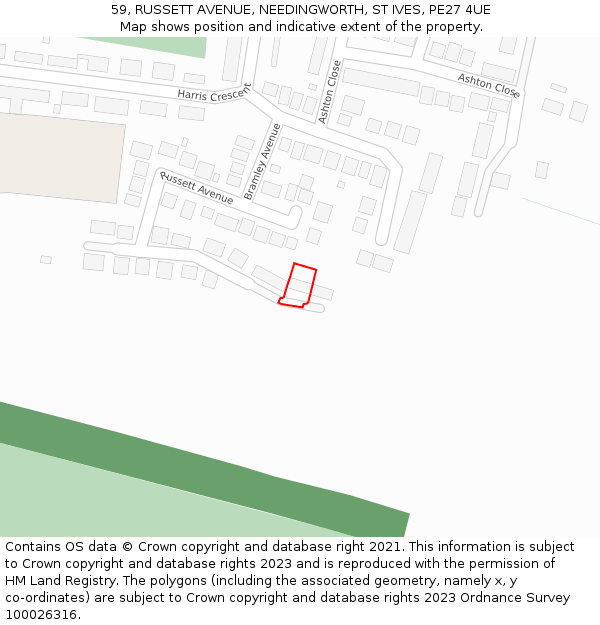 59, RUSSETT AVENUE, NEEDINGWORTH, ST IVES, PE27 4UE: Location map and indicative extent of plot