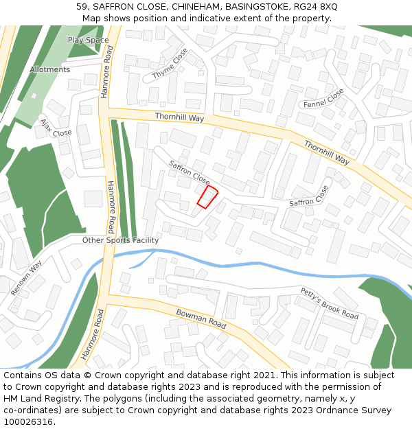 59, SAFFRON CLOSE, CHINEHAM, BASINGSTOKE, RG24 8XQ: Location map and indicative extent of plot
