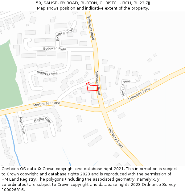 59, SALISBURY ROAD, BURTON, CHRISTCHURCH, BH23 7JJ: Location map and indicative extent of plot