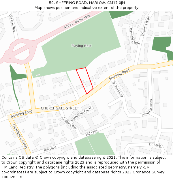 59, SHEERING ROAD, HARLOW, CM17 0JN: Location map and indicative extent of plot