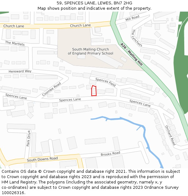 59, SPENCES LANE, LEWES, BN7 2HG: Location map and indicative extent of plot
