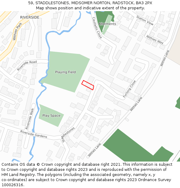 59, STADDLESTONES, MIDSOMER NORTON, RADSTOCK, BA3 2PX: Location map and indicative extent of plot