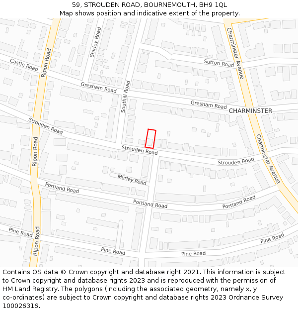 59, STROUDEN ROAD, BOURNEMOUTH, BH9 1QL: Location map and indicative extent of plot