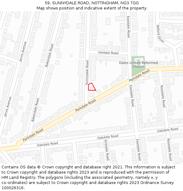 59, SUNNYDALE ROAD, NOTTINGHAM, NG3 7GG: Location map and indicative extent of plot