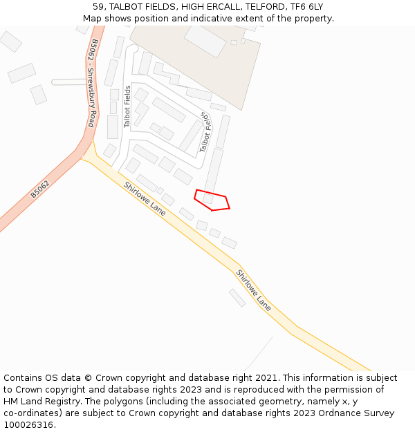 59, TALBOT FIELDS, HIGH ERCALL, TELFORD, TF6 6LY: Location map and indicative extent of plot
