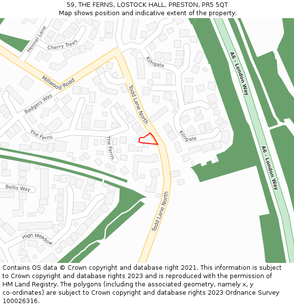 59, THE FERNS, LOSTOCK HALL, PRESTON, PR5 5QT: Location map and indicative extent of plot