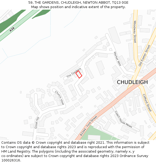 59, THE GARDENS, CHUDLEIGH, NEWTON ABBOT, TQ13 0GE: Location map and indicative extent of plot