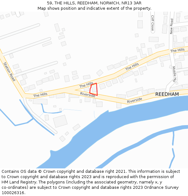 59, THE HILLS, REEDHAM, NORWICH, NR13 3AR: Location map and indicative extent of plot