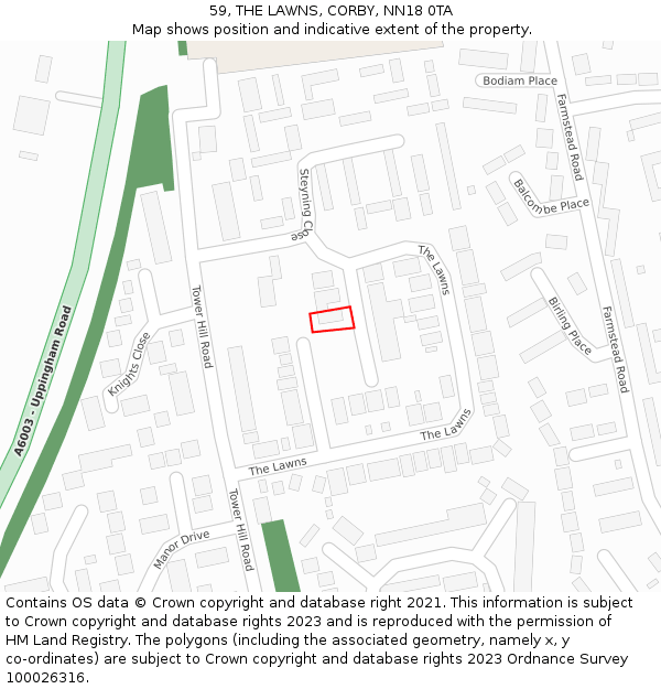 59, THE LAWNS, CORBY, NN18 0TA: Location map and indicative extent of plot