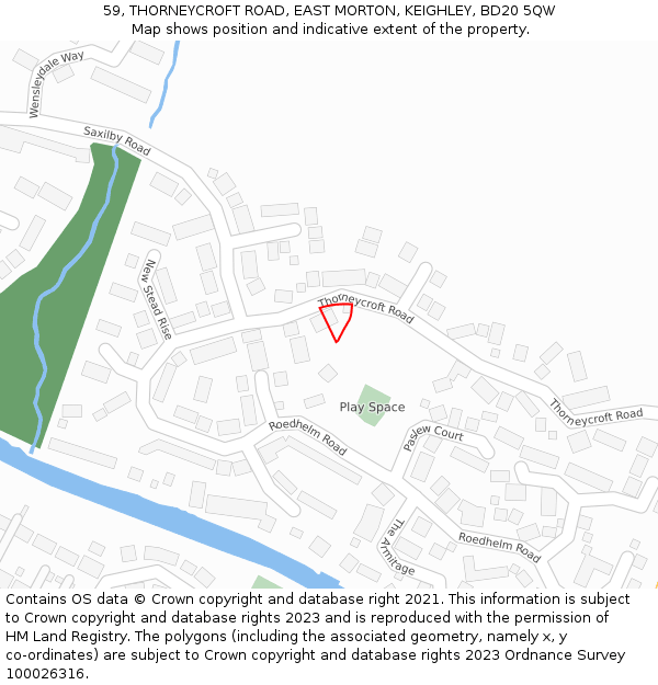 59, THORNEYCROFT ROAD, EAST MORTON, KEIGHLEY, BD20 5QW: Location map and indicative extent of plot