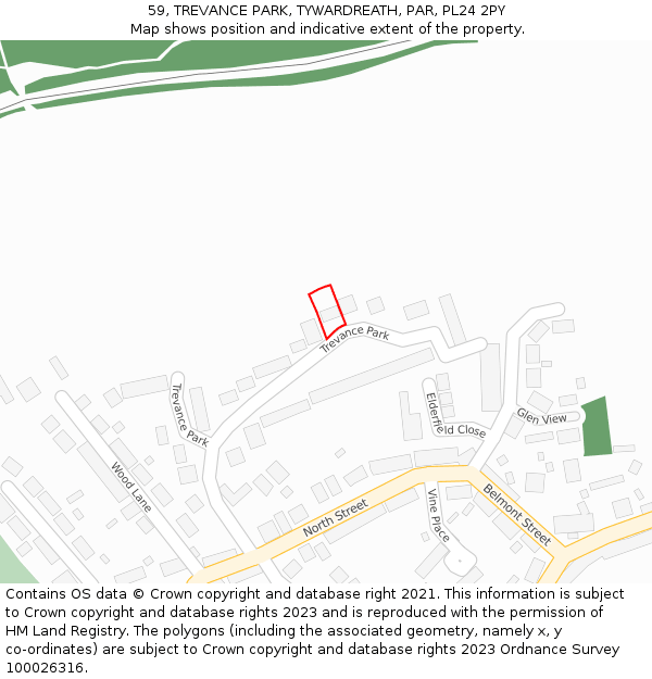 59, TREVANCE PARK, TYWARDREATH, PAR, PL24 2PY: Location map and indicative extent of plot