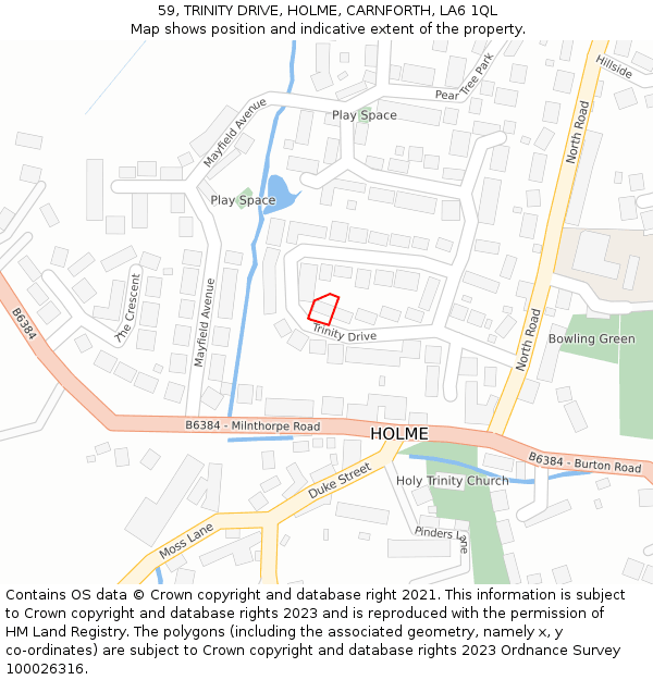 59, TRINITY DRIVE, HOLME, CARNFORTH, LA6 1QL: Location map and indicative extent of plot