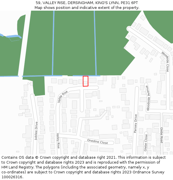 59, VALLEY RISE, DERSINGHAM, KING'S LYNN, PE31 6PT: Location map and indicative extent of plot