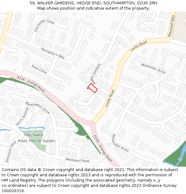 59, WALKER GARDENS, HEDGE END, SOUTHAMPTON, SO30 2RH: Location map and indicative extent of plot
