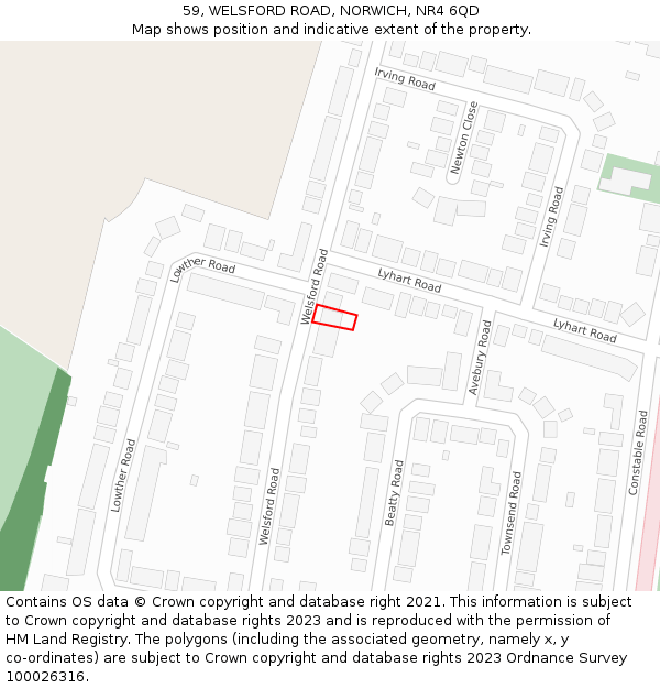 59, WELSFORD ROAD, NORWICH, NR4 6QD: Location map and indicative extent of plot
