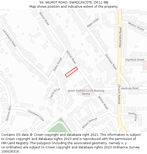 59, WILMOT ROAD, SWADLINCOTE, DE11 9BJ: Location map and indicative extent of plot