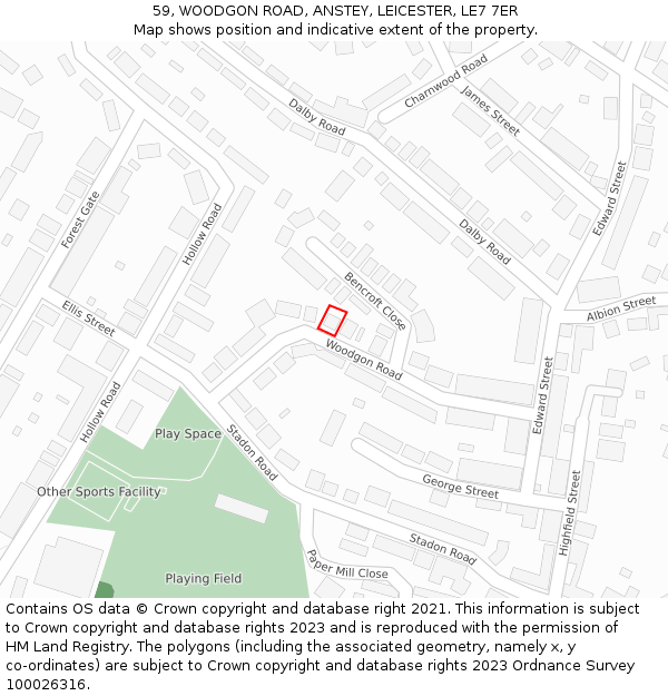 59, WOODGON ROAD, ANSTEY, LEICESTER, LE7 7ER: Location map and indicative extent of plot
