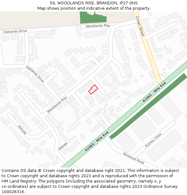 59, WOODLANDS RISE, BRANDON, IP27 0NS: Location map and indicative extent of plot