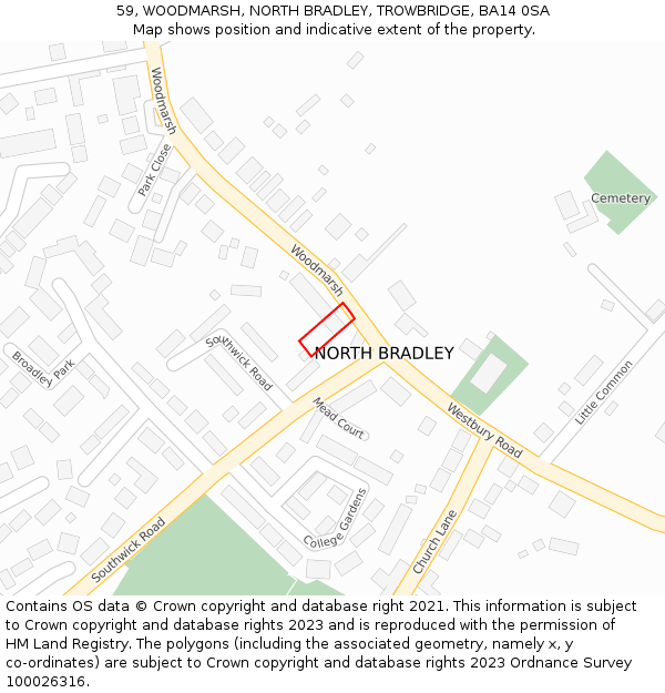 59, WOODMARSH, NORTH BRADLEY, TROWBRIDGE, BA14 0SA: Location map and indicative extent of plot