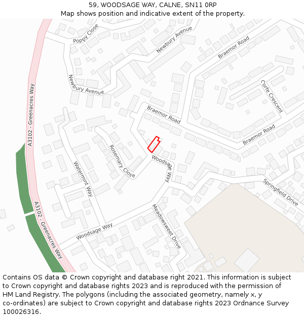 59, WOODSAGE WAY, CALNE, SN11 0RP: Location map and indicative extent of plot