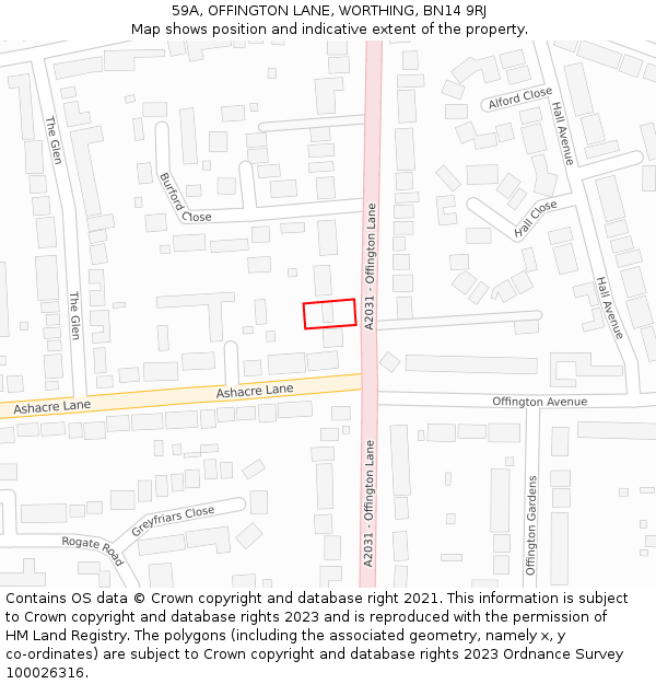 59A, OFFINGTON LANE, WORTHING, BN14 9RJ: Location map and indicative extent of plot