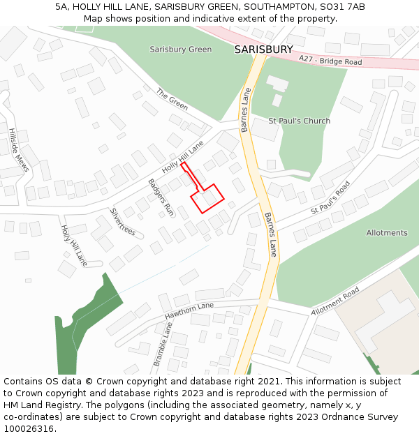 5A, HOLLY HILL LANE, SARISBURY GREEN, SOUTHAMPTON, SO31 7AB: Location map and indicative extent of plot