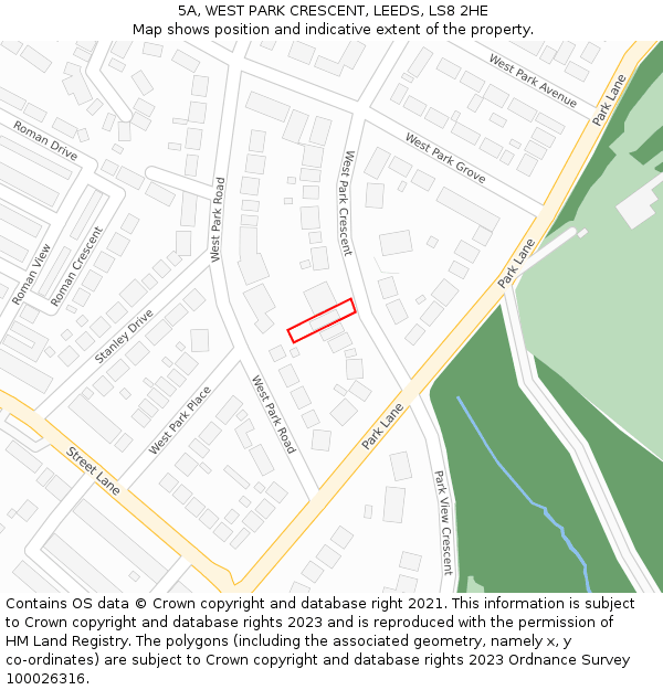 5A, WEST PARK CRESCENT, LEEDS, LS8 2HE: Location map and indicative extent of plot