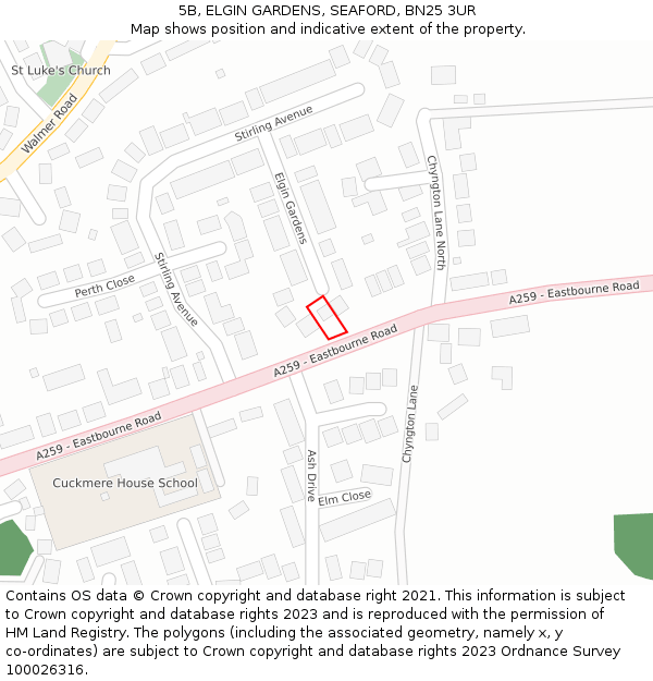 5B, ELGIN GARDENS, SEAFORD, BN25 3UR: Location map and indicative extent of plot