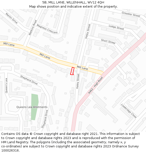 5B, MILL LANE, WILLENHALL, WV12 4QH: Location map and indicative extent of plot