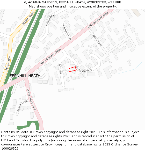 6, AGATHA GARDENS, FERNHILL HEATH, WORCESTER, WR3 8PB: Location map and indicative extent of plot