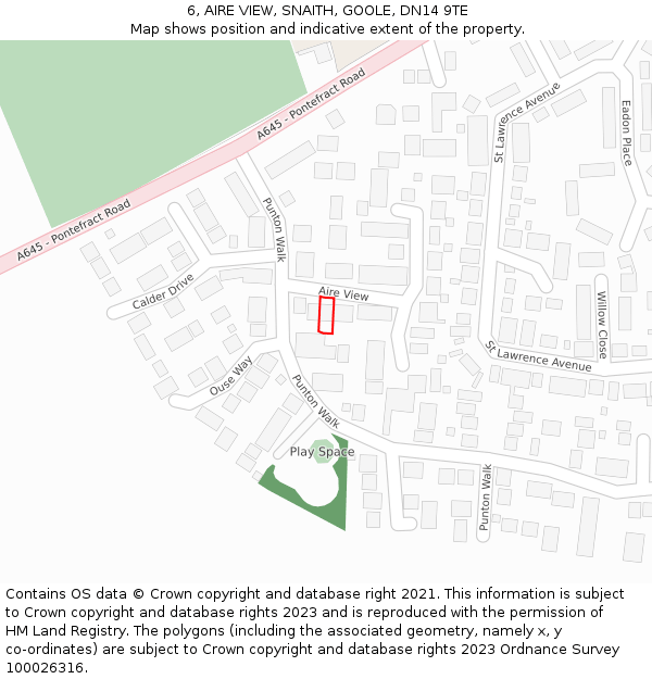 6, AIRE VIEW, SNAITH, GOOLE, DN14 9TE: Location map and indicative extent of plot