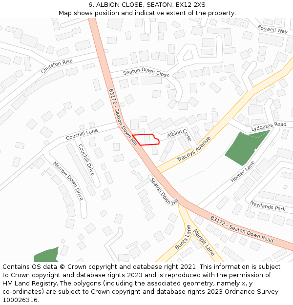 6, ALBION CLOSE, SEATON, EX12 2XS: Location map and indicative extent of plot