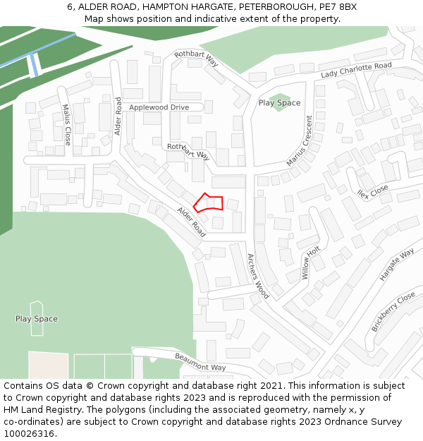 6, ALDER ROAD, HAMPTON HARGATE, PETERBOROUGH, PE7 8BX: Location map and indicative extent of plot
